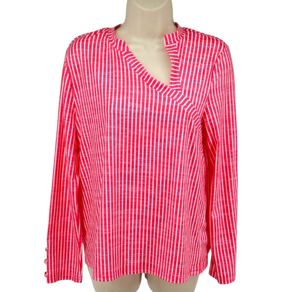 Zolucky Pink Striped Asymmetrical Top S Long Sleeve Button Coastal Preppy